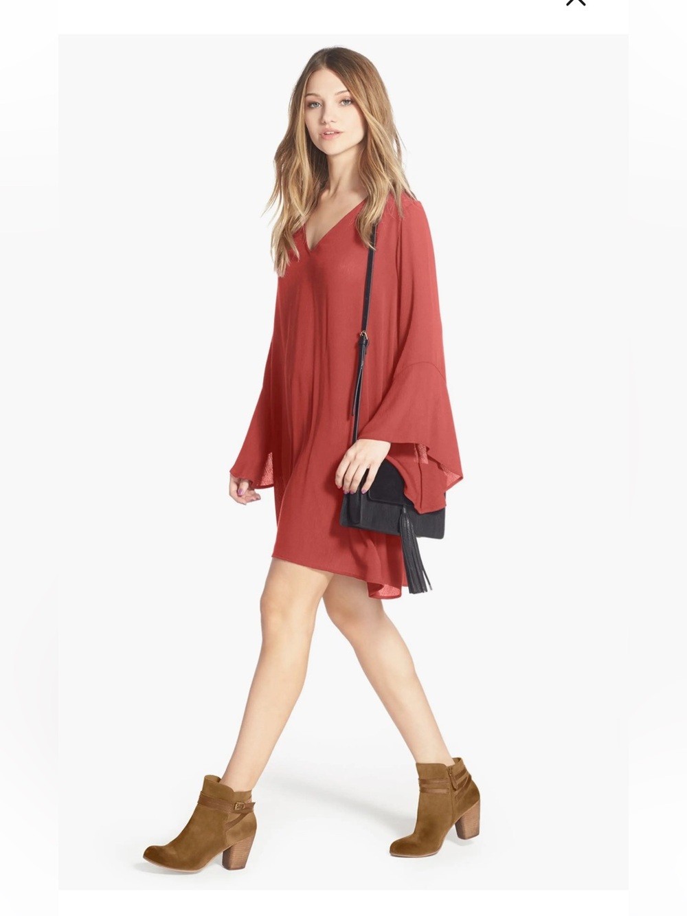 Lush Whitney Bell Sleeve Woven Shift Dress in Apple Butter Size L